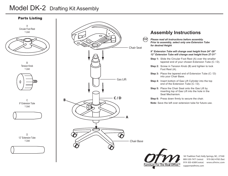 Model dk-2, Drafting kit assembly, Assembly instructions | Ac / d b | OFM 150-DK User Manual | Page 3 / 3