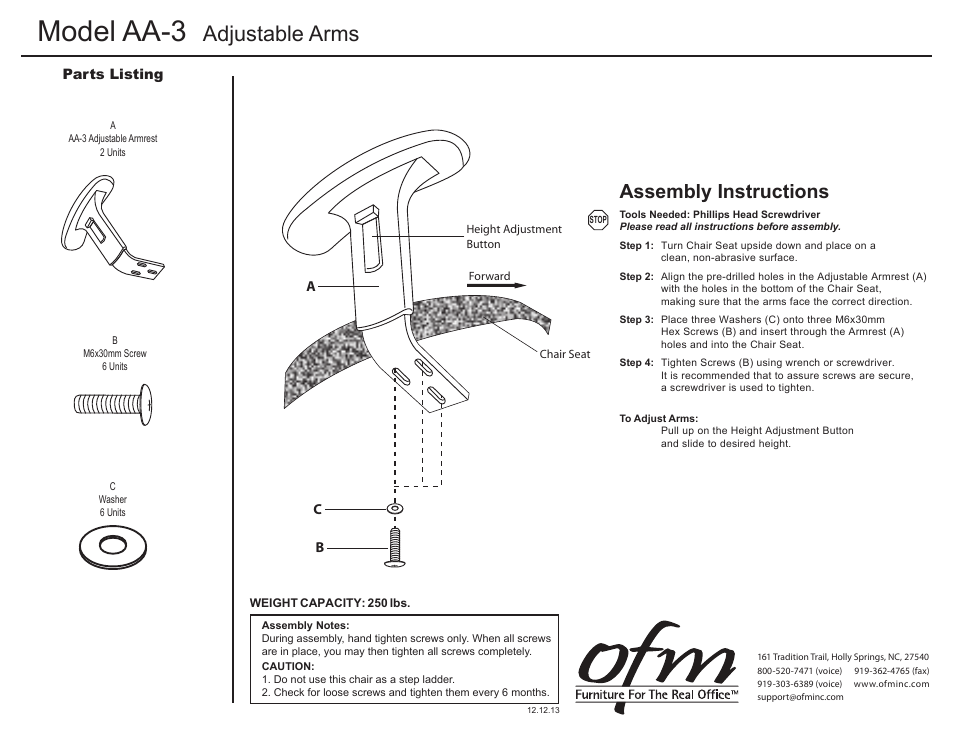 Model aa-3, Adjustable arms, Assembly instructions | OFM 336 User Manual | Page 2 / 3