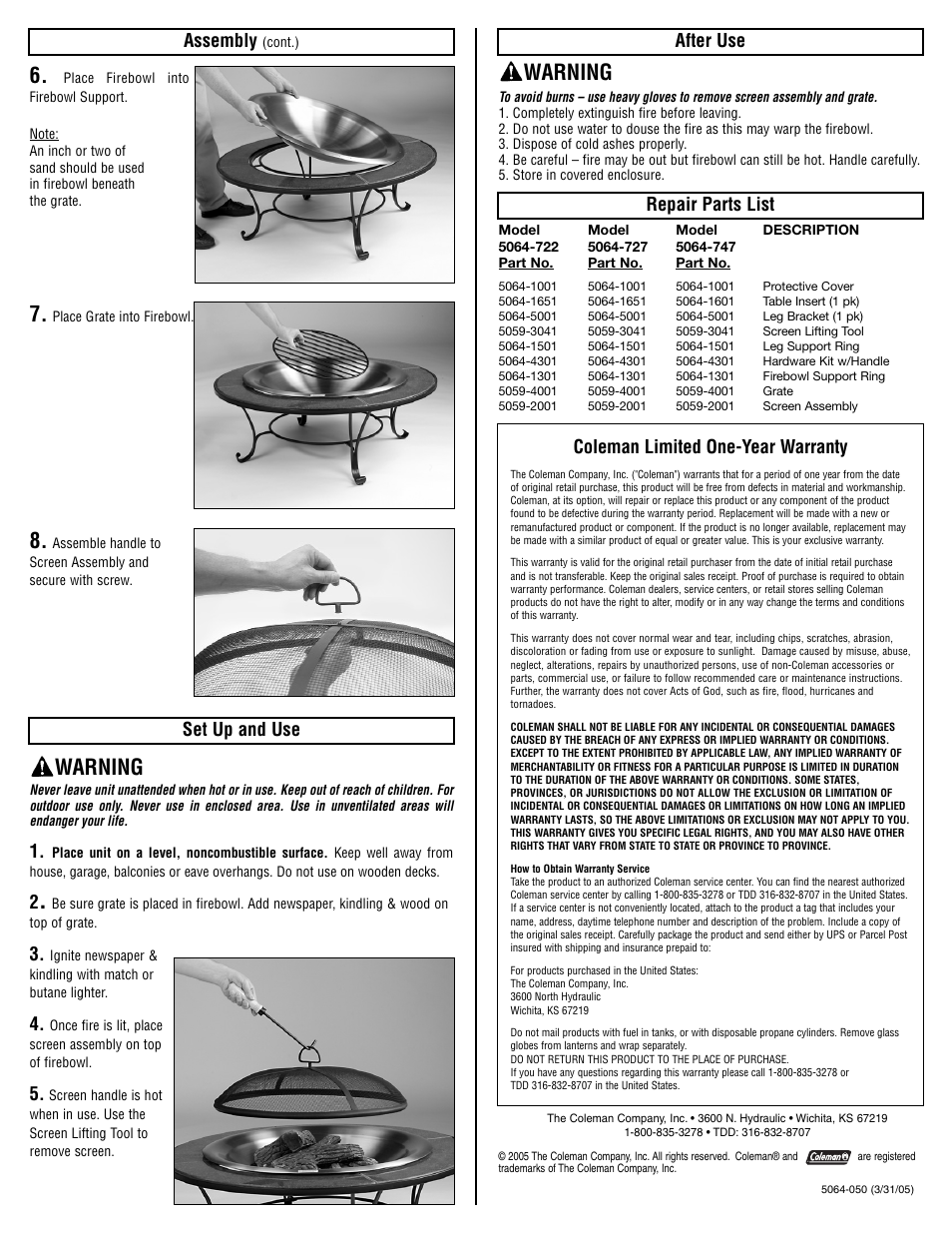 Warning, Assembly, Set up and use | After use, Repair parts list, Coleman limited one-year warranty | Coleman 5064-727 User Manual | Page 2 / 2