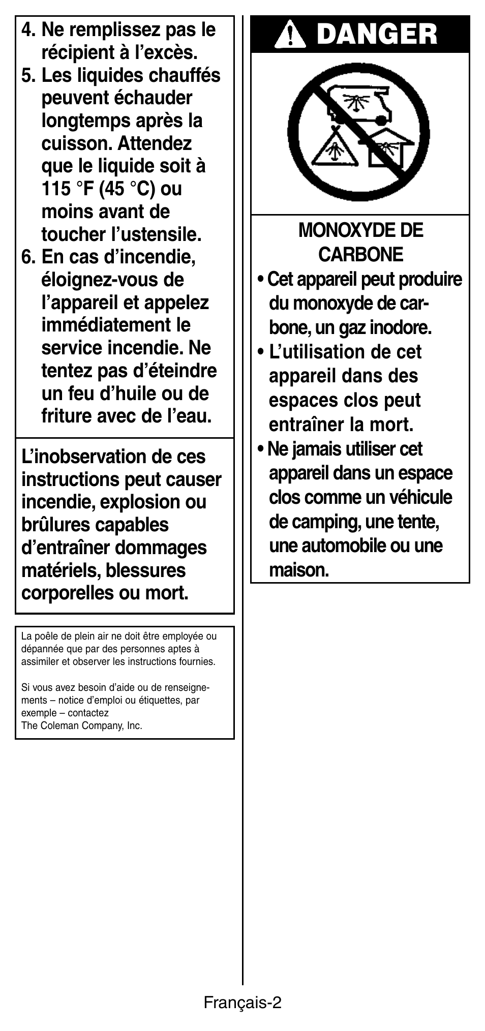 Danger | Coleman INSTASTARI 9933 User Manual | Page 11 / 28