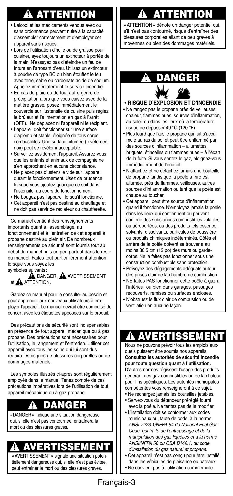 Attention danger, Avertissement, Attention | Danger, Français-3 | Coleman INSTASTARI 9933 User Manual | Page 12 / 28