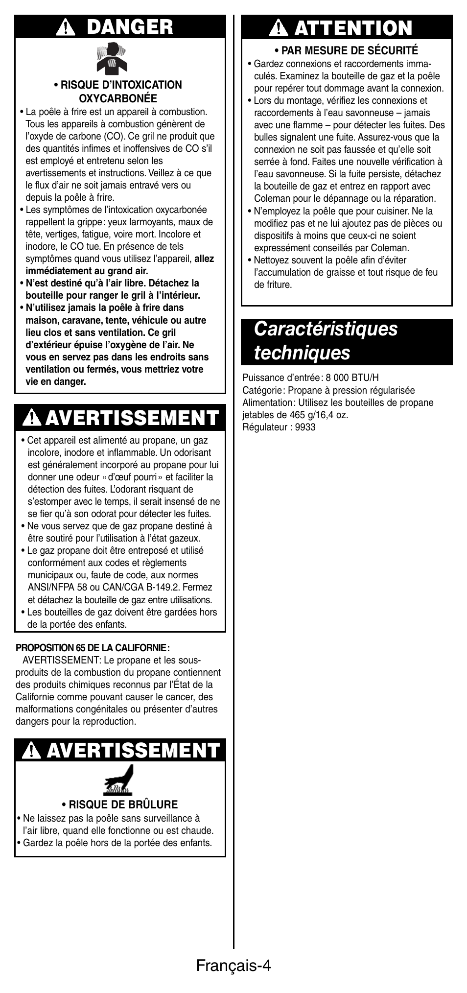 Caractéristiques techniques, Danger, Avertissement | Attention, Français-4 | Coleman INSTASTARI 9933 User Manual | Page 13 / 28