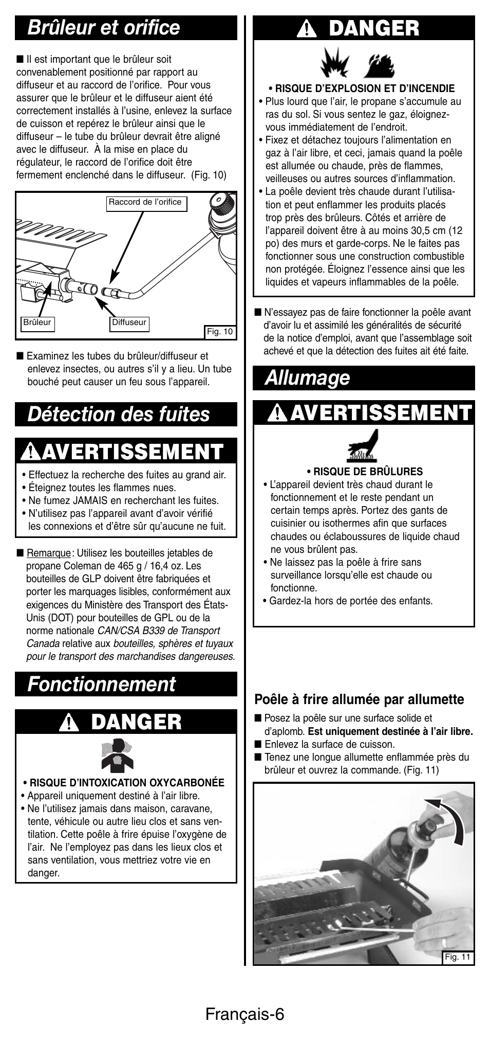 Brûleur et orifice, Avertissement, Détection des fuites danger | Fonctionnement danger, Allumage, Français-6, Poêle à frire allumée par allumette | Coleman INSTASTARI 9933 User Manual | Page 15 / 28