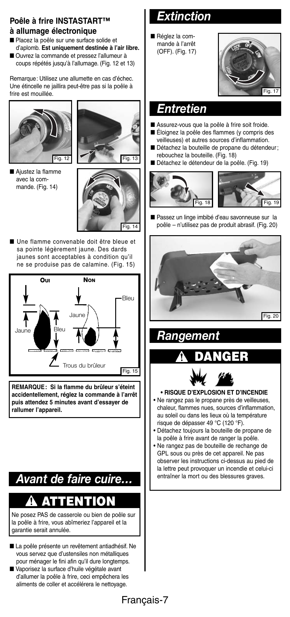 Avant de faire cuire… attention, Extinction, Entretien danger | Rangement, Français-7, Poêle à frire instastart™ à allumage électronique | Coleman INSTASTARI 9933 User Manual | Page 16 / 28