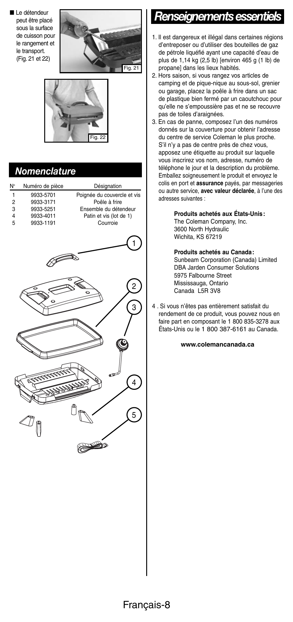 Renseignements essentiels, Français-8, Nomenclature | Coleman INSTASTARI 9933 User Manual | Page 17 / 28