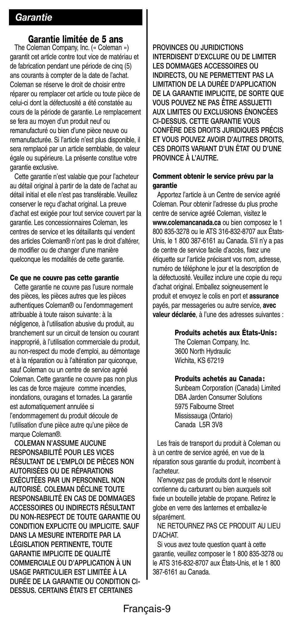 Français-9, Garantie limitée de 5 ans, Garantie | Coleman INSTASTARI 9933 User Manual | Page 18 / 28