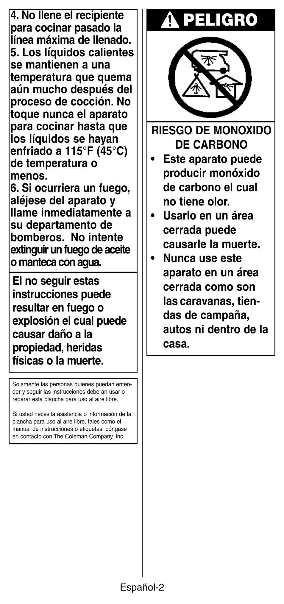 Peligro | Coleman INSTASTARI 9933 User Manual | Page 20 / 28