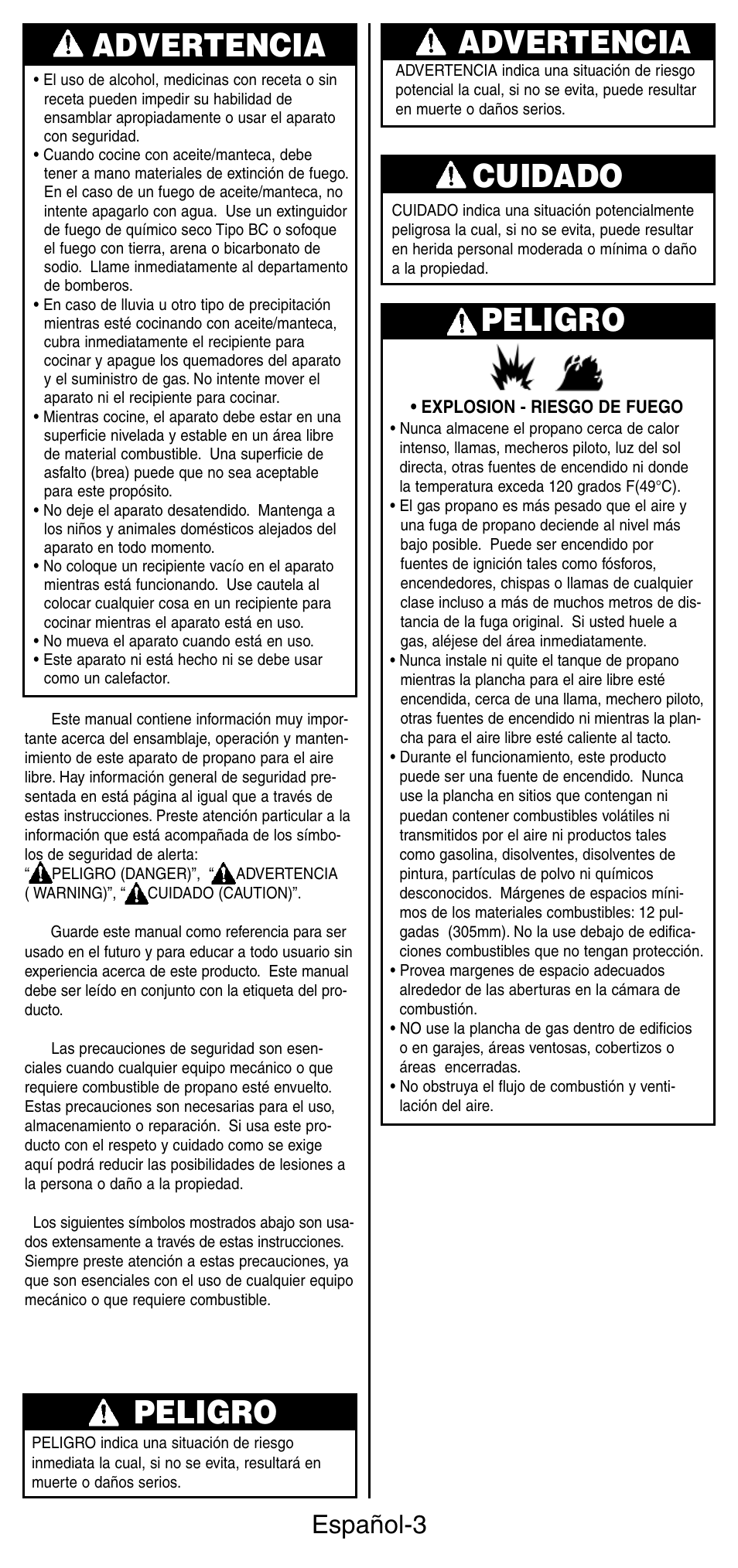 Advertencia peligro, Cuidado, Advertencia | Peligro, Español-3 | Coleman INSTASTARI 9933 User Manual | Page 21 / 28