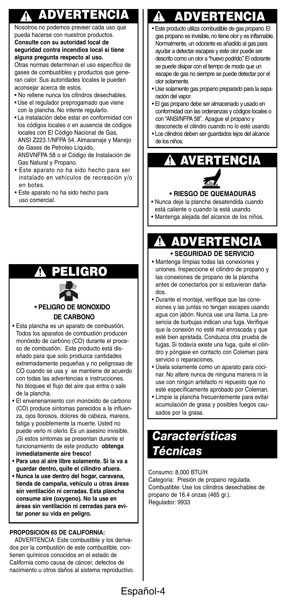 Características técnicas, Advertencia, Peligro | Avertencia, Español-4 | Coleman INSTASTARI 9933 User Manual | Page 22 / 28