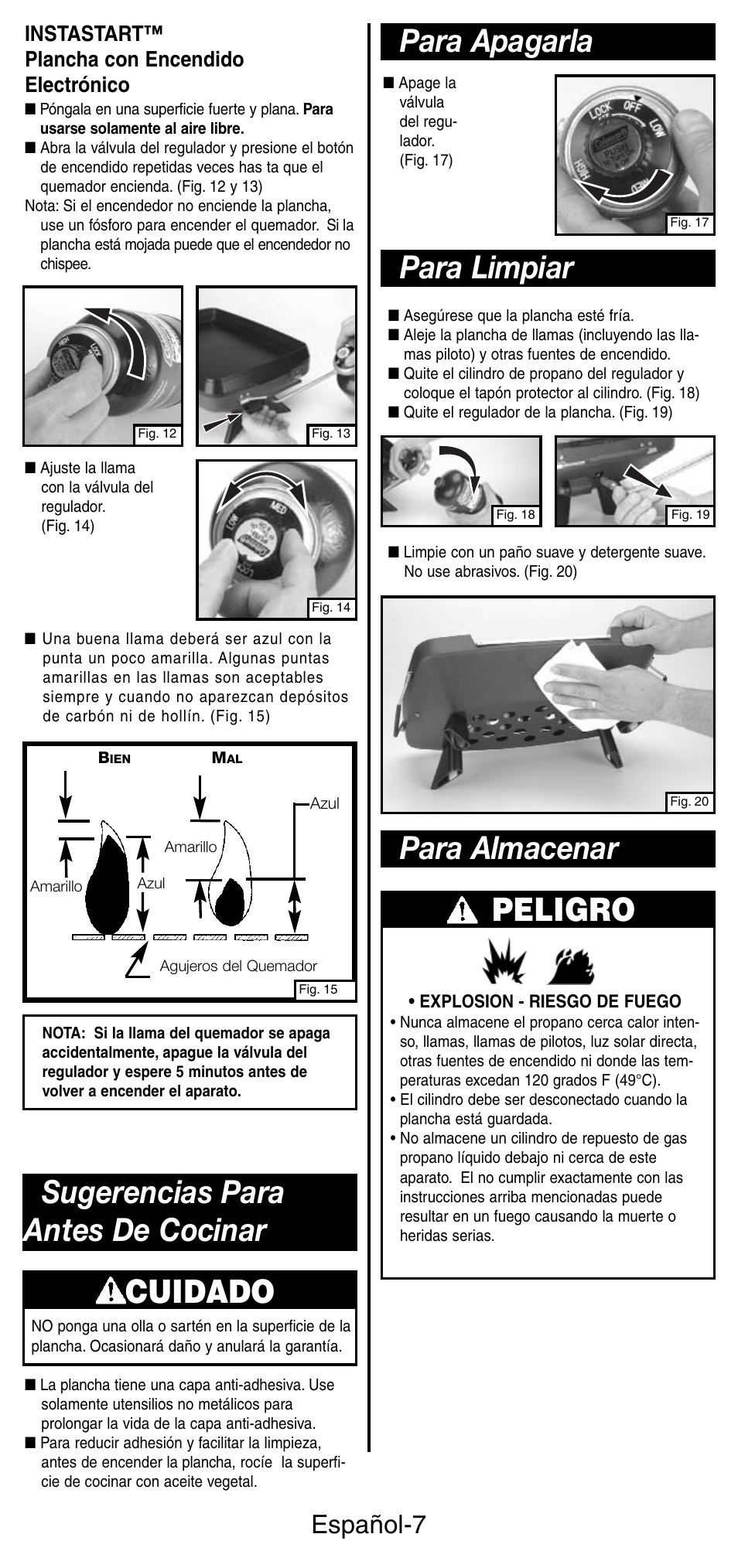 Sugerencias para antes de cocinar cuidado, Para apagarla para limpiar, Peligro | Para almacenar, Español-7, Instastart™ plancha con encendido electrónico | Coleman INSTASTARI 9933 User Manual | Page 25 / 28