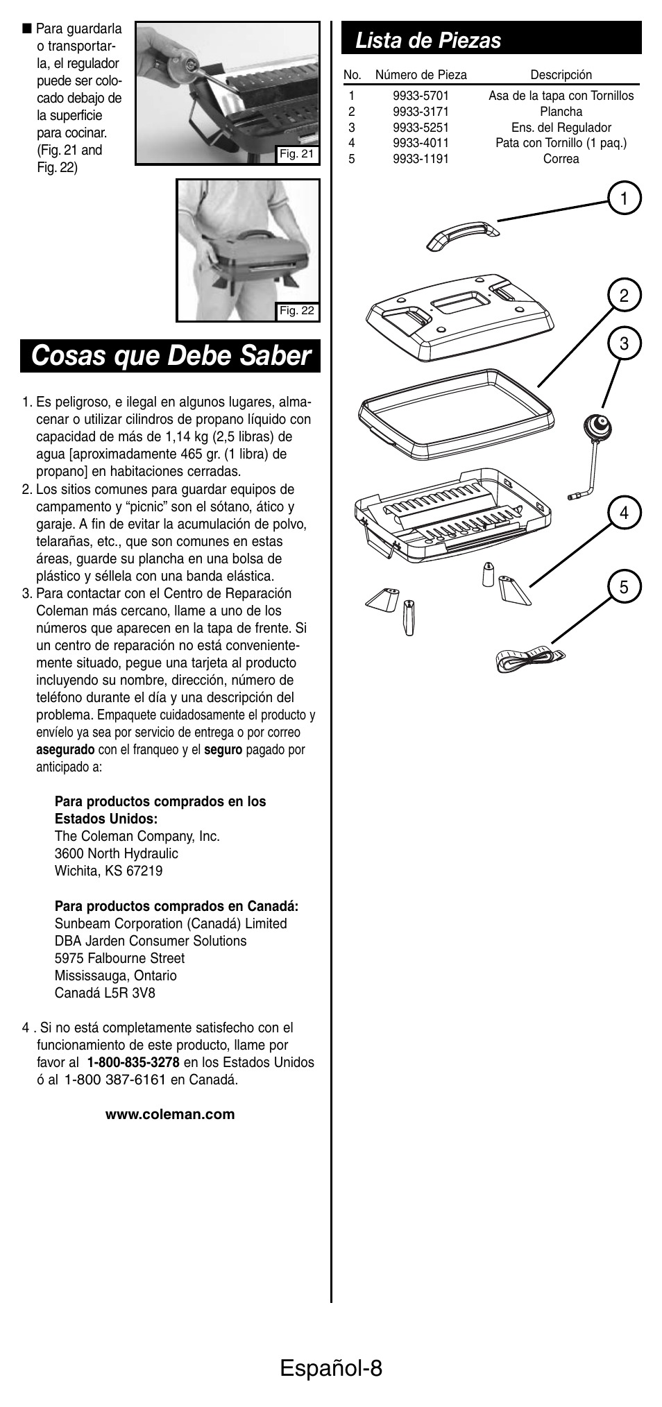 Cosas que debe saber, Español-8, Lista de piezas | Coleman INSTASTARI 9933 User Manual | Page 26 / 28