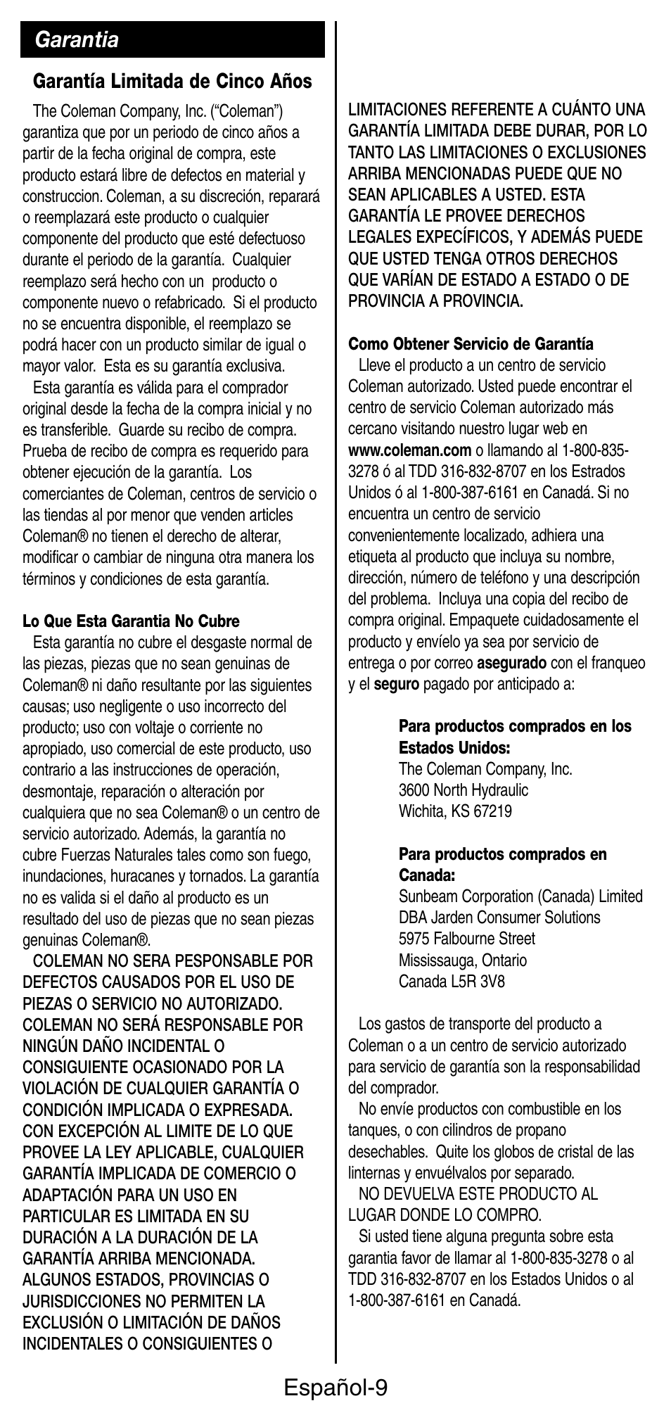 Español-9, Garantia, Garantía limitada de cinco años | Coleman INSTASTARI 9933 User Manual | Page 27 / 28