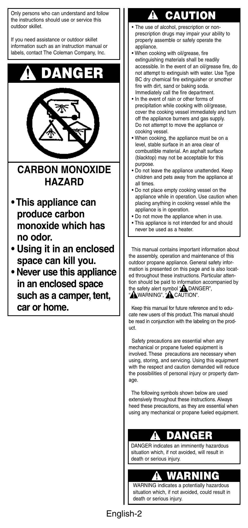 Caution, Warning, Danger | English-2 | Coleman INSTASTARI 9933 User Manual | Page 3 / 28