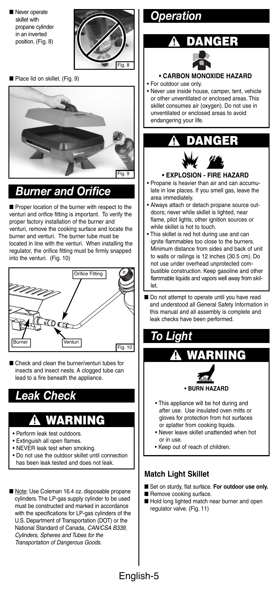 Burner and orifice, Warning, Leak check | Danger, Operation danger, English-5, Match light skillet | Coleman INSTASTARI 9933 User Manual | Page 6 / 28