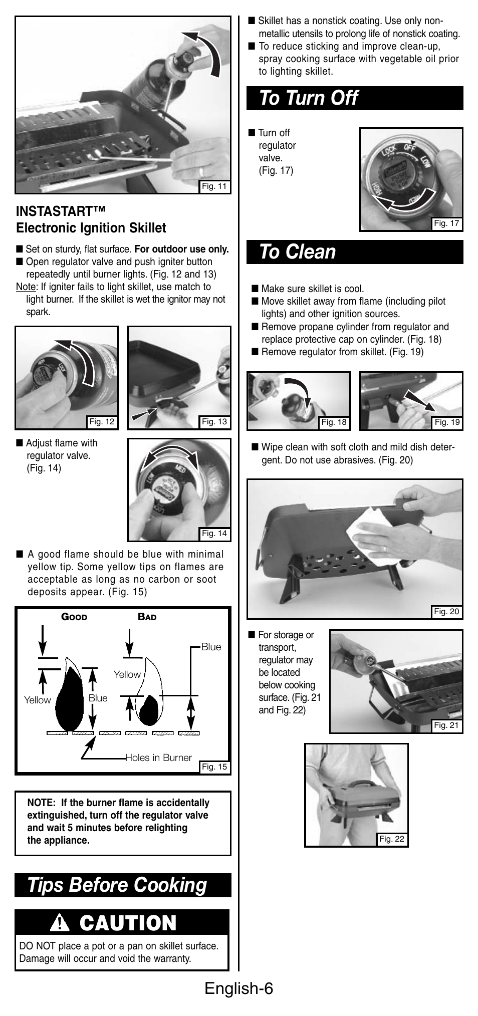 Tips before cooking caution, English-6, Instastart™ electronic ignition skillet | Coleman INSTASTARI 9933 User Manual | Page 7 / 28