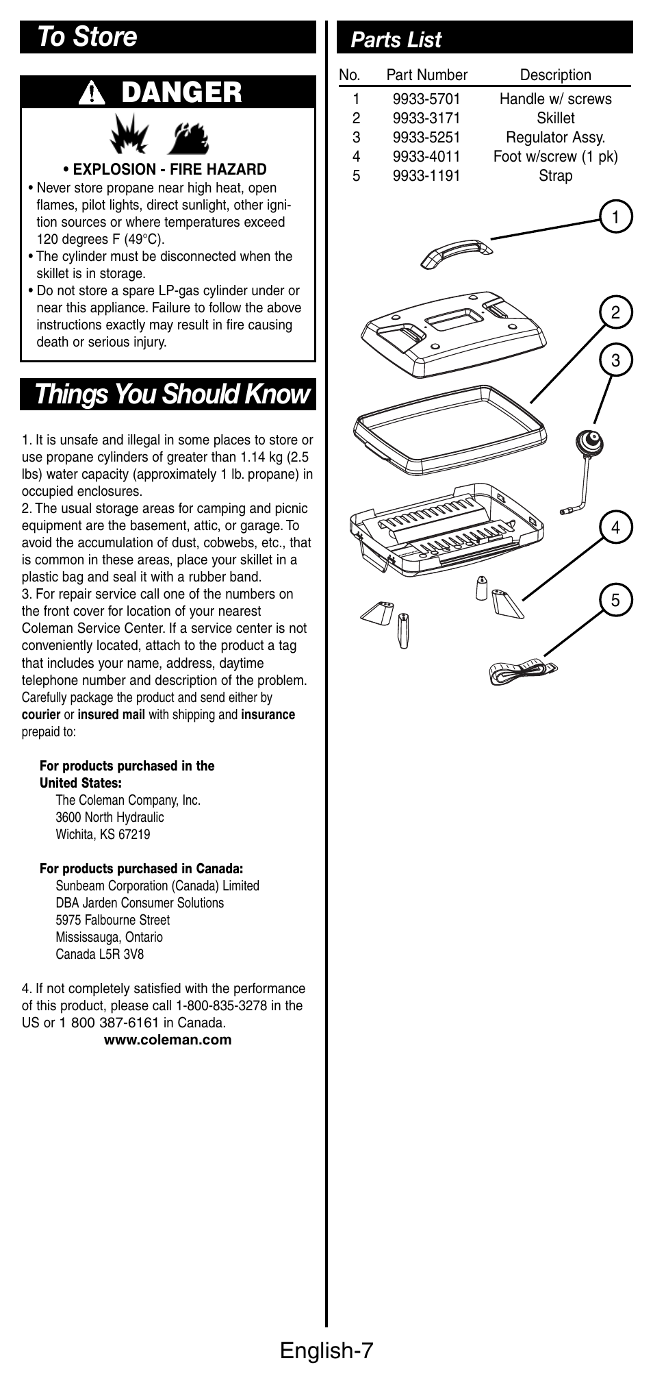 Things you should know, English-7, Parts list | Coleman INSTASTARI 9933 User Manual | Page 8 / 28