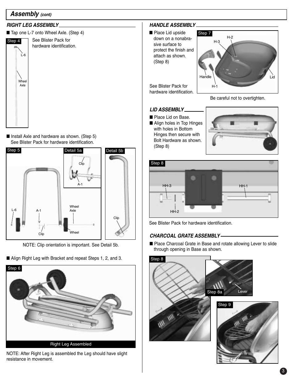 Assembly, Handle assembly, Lid assembly | Right leg assembly, Charcoal grate assembly | Coleman p9945-700 User Manual | Page 3 / 8