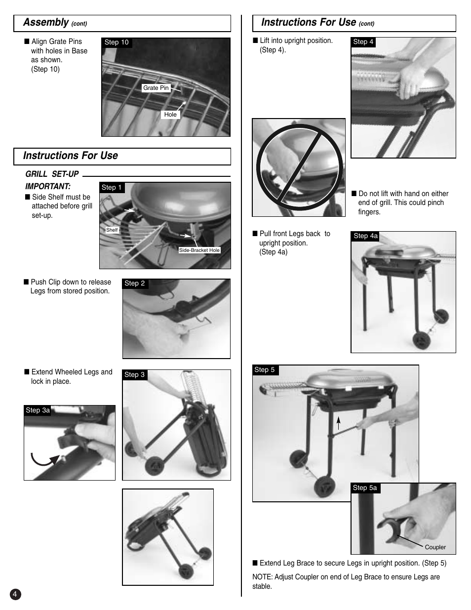 Assembly, Instructions for use | Coleman p9945-700 User Manual | Page 4 / 8