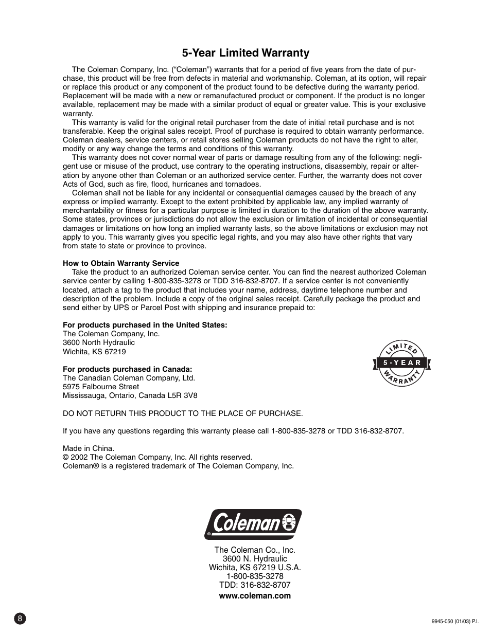 Year limited warranty | Coleman p9945-700 User Manual | Page 8 / 8