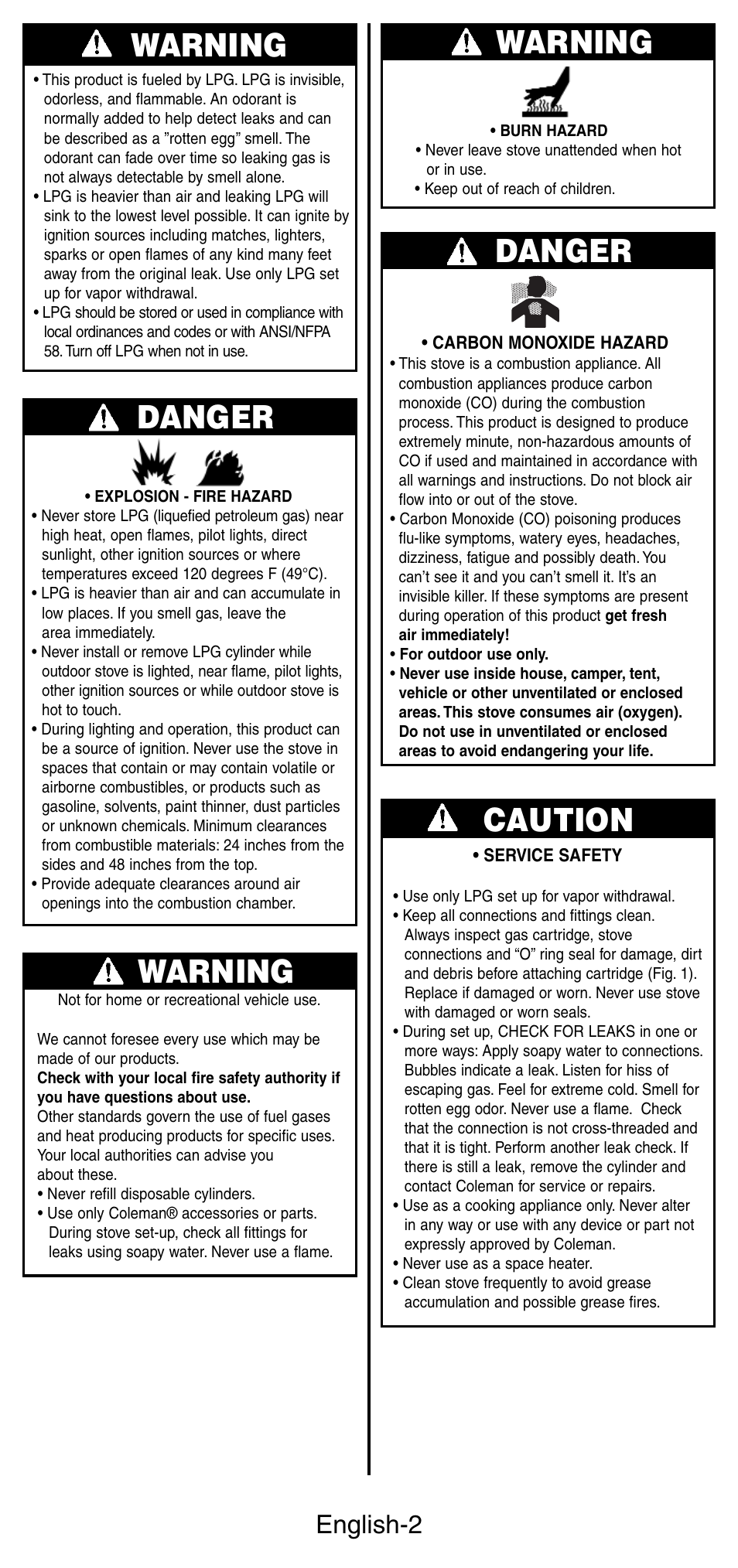 Warning danger, Warning, Danger | Caution, English-2 | Coleman Peak 3001 Series User Manual | Page 3 / 8