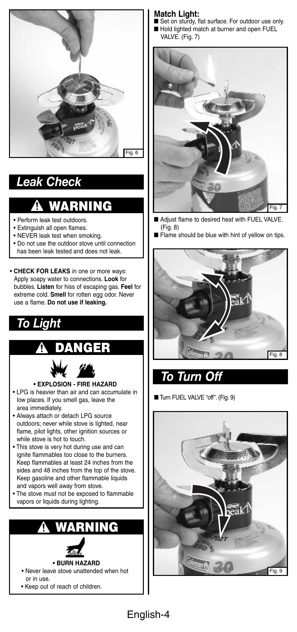 Warning, Leak check, English-4 | Match light | Coleman Peak 3001 Series User Manual | Page 5 / 8