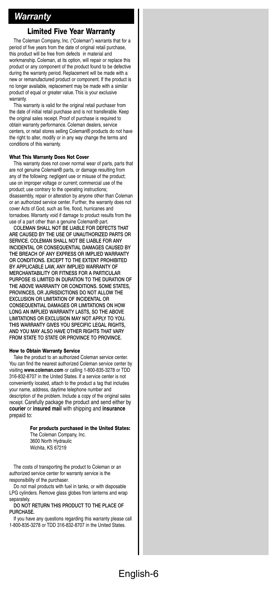 English-6, Warranty, Limited five year warranty | Coleman Peak 3001 Series User Manual | Page 7 / 8