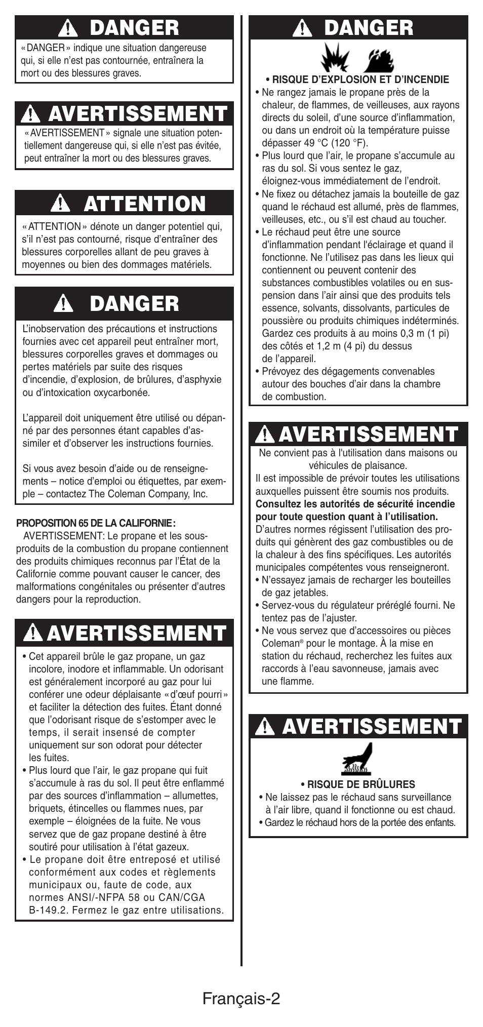 Avertissement danger, Avertissement, Danger | Attention, Français-2 | Coleman 5469A User Manual | Page 10 / 24