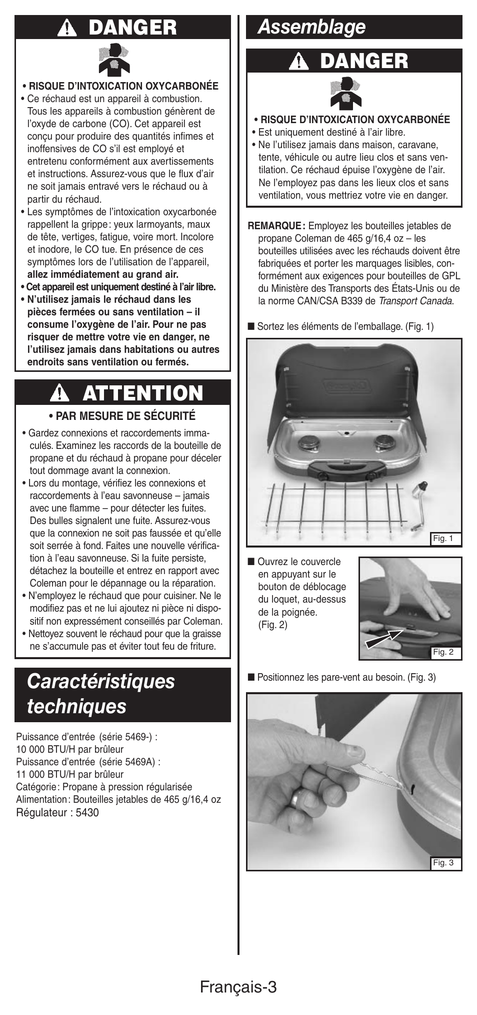 Danger, Attention, Caractéristiques techniques | Assemblage danger, Français-3 | Coleman 5469A User Manual | Page 11 / 24