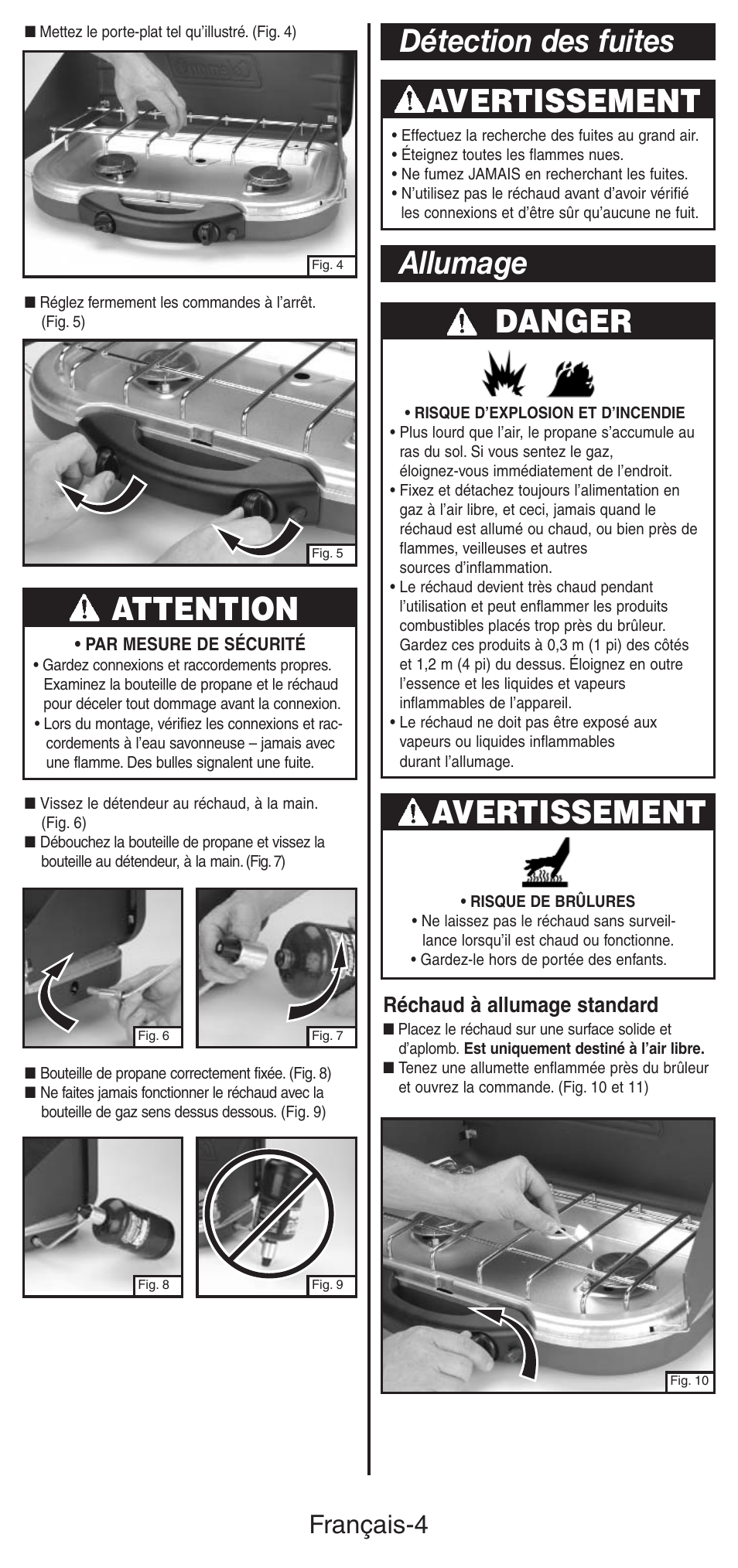 Attention, Allumage avertissement, Détection des fuites danger | Avertissement, Français-4, Réchaud à allumage standard | Coleman 5469A User Manual | Page 12 / 24