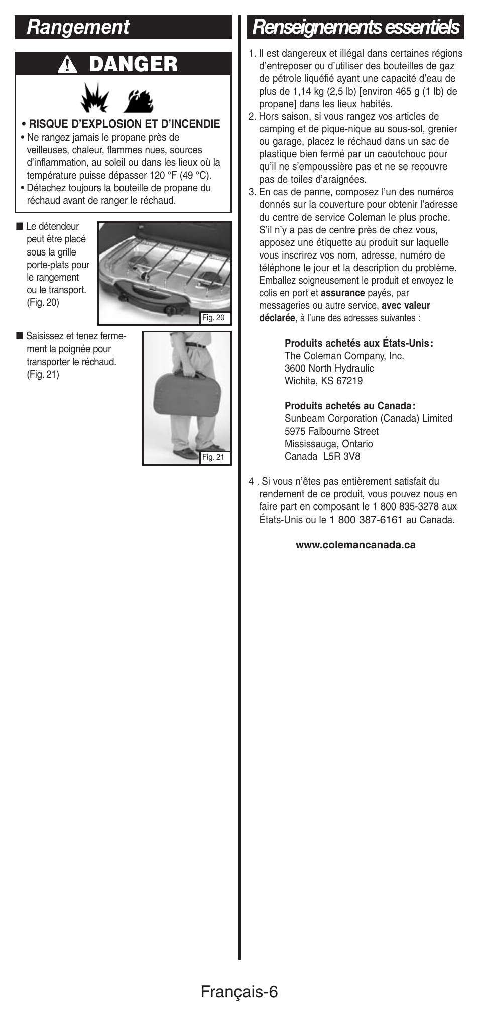 Renseignements essentiels danger, Rangement, Français-6 | Coleman 5469A User Manual | Page 14 / 24