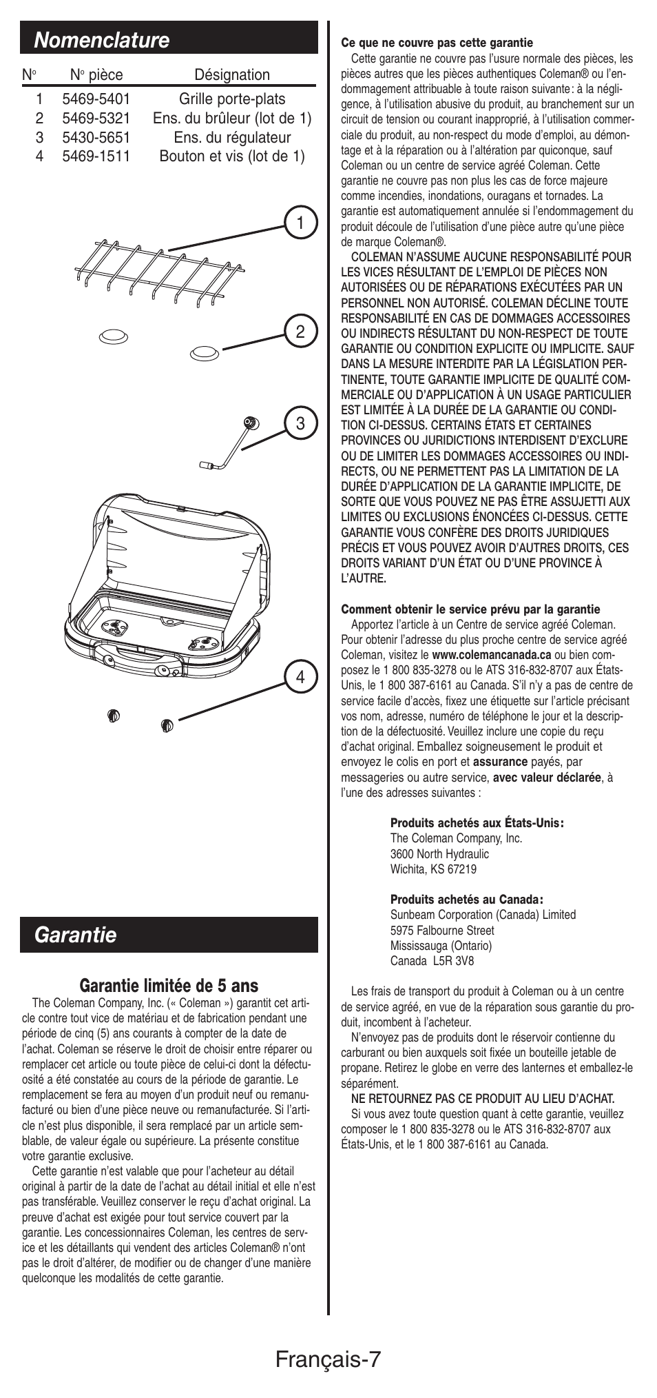 Français-7, Garantie, Nomenclature | Garantie limitée de 5 ans | Coleman 5469A User Manual | Page 15 / 24