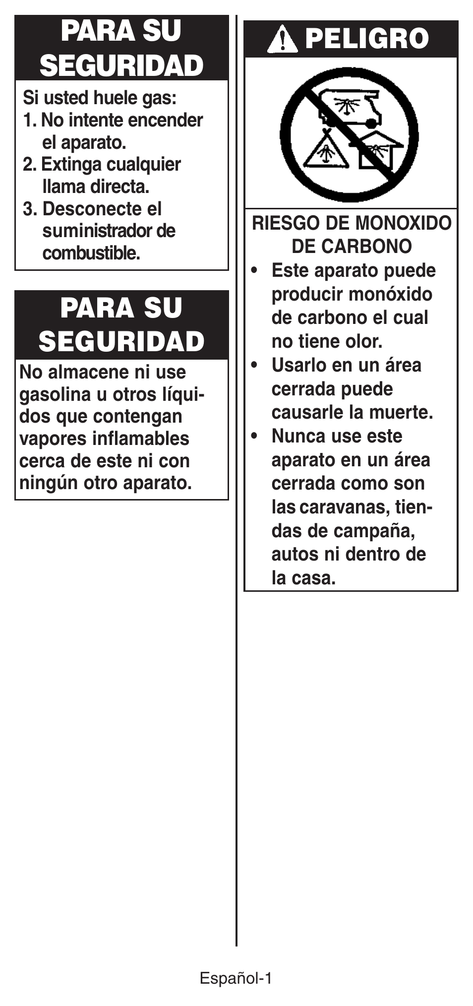 Para su seguridad, Peligro | Coleman 5469A User Manual | Page 16 / 24