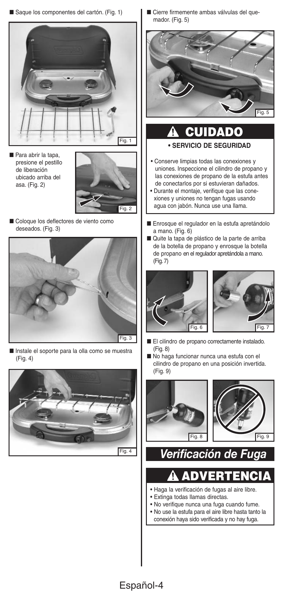 Cuidado, Advertencia, Verificación de fuga | Español-4 | Coleman 5469A User Manual | Page 19 / 24