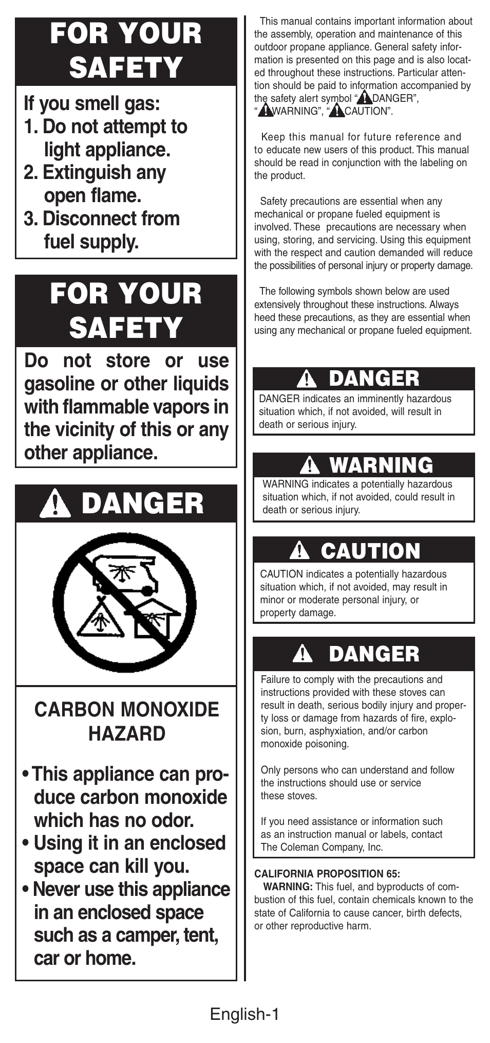 For your safety, Danger, Warning | Caution | Coleman 5469A User Manual | Page 2 / 24