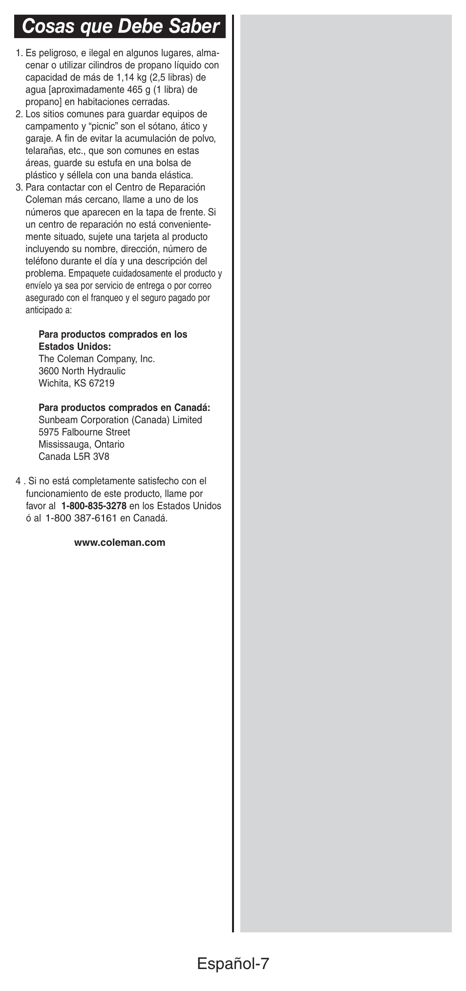Cosas que debe saber, Español-7 | Coleman 5469A User Manual | Page 22 / 24