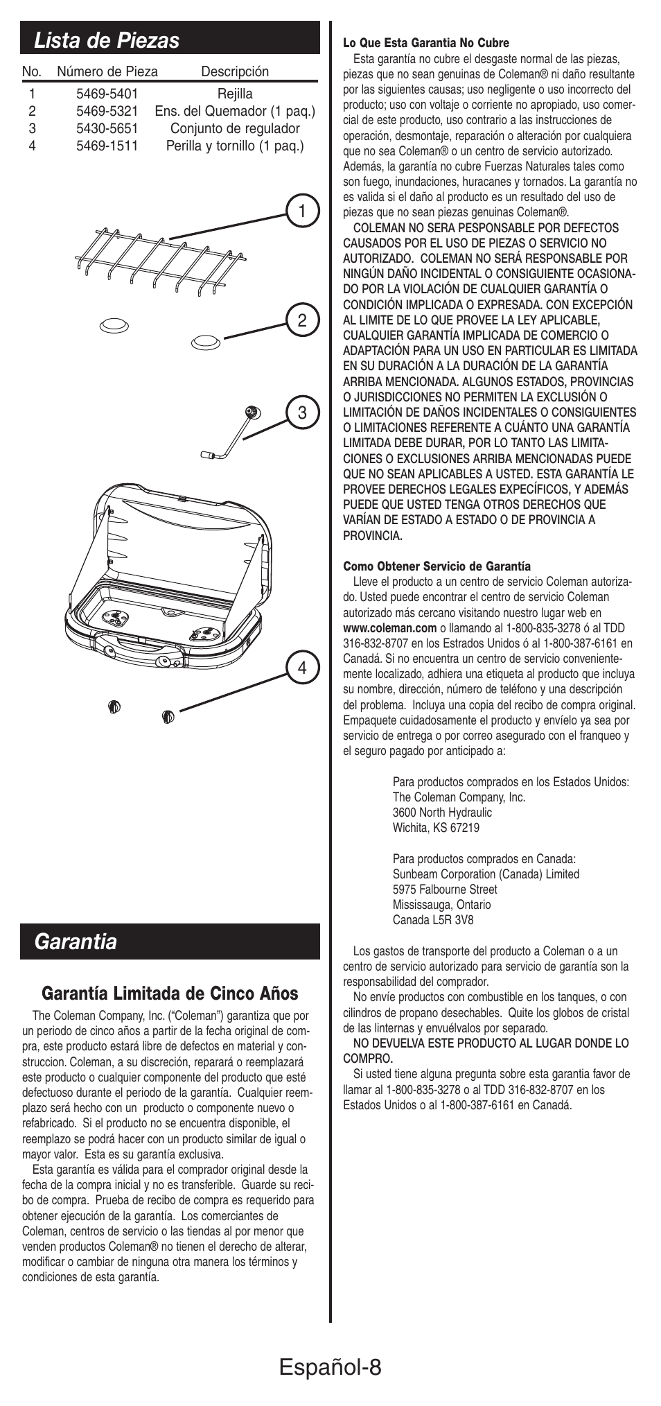 Español-8, Garantia, Lista de piezas | Garantía limitada de cinco años | Coleman 5469A User Manual | Page 23 / 24