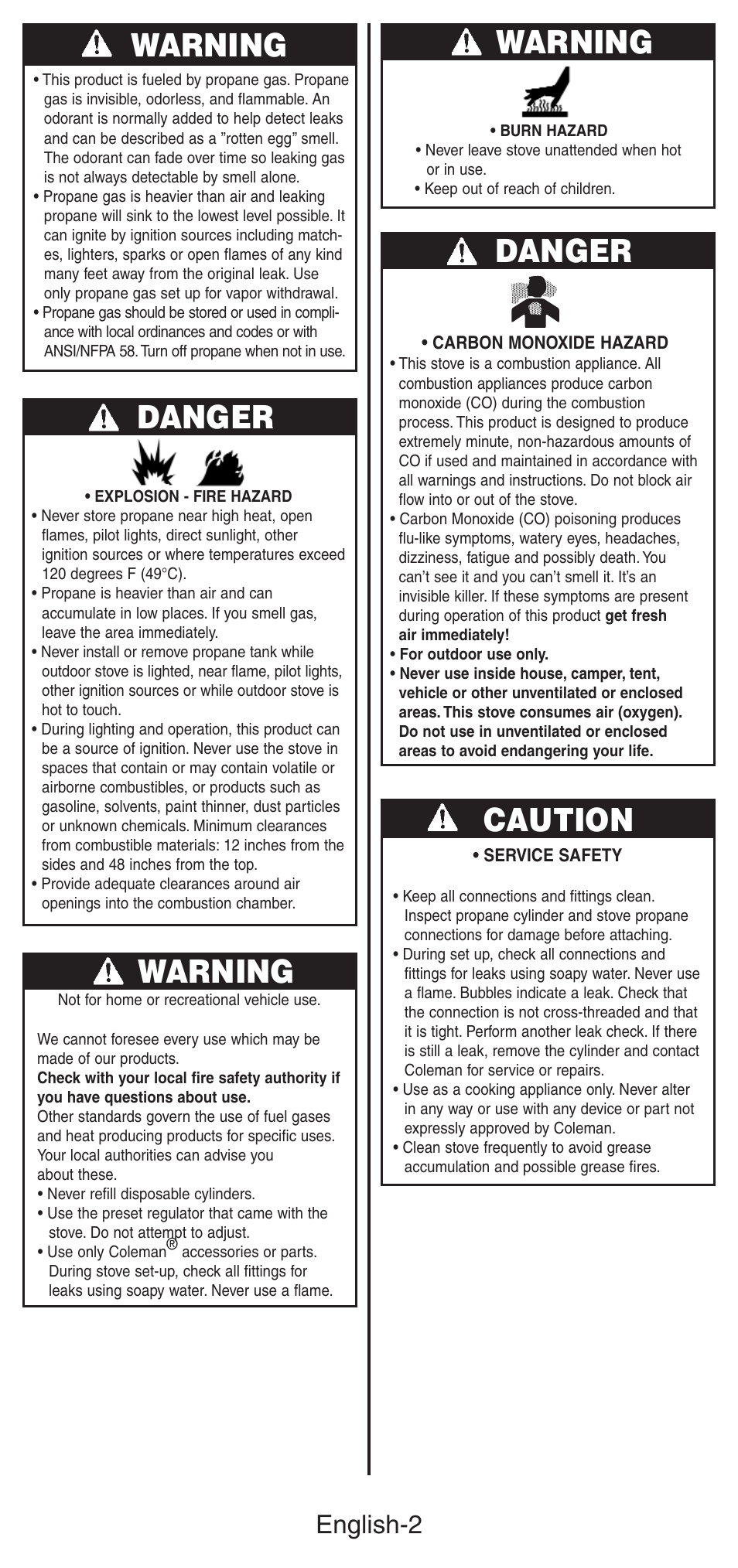 Warning danger, Warning, Danger | Caution, English-2 | Coleman 5469A User Manual | Page 3 / 24