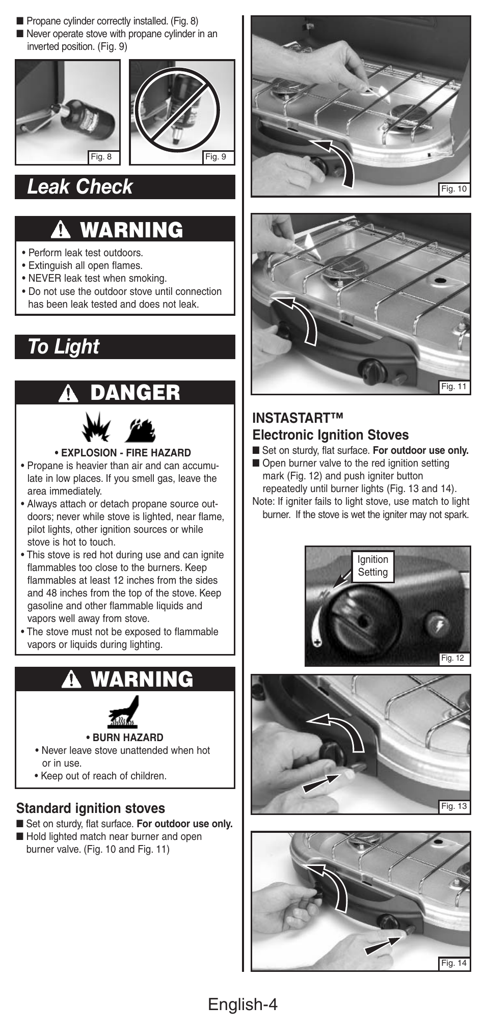 Leak check danger, Warning, English-4 | Standard ignition stoves, Instastart™ electronic ignition stoves | Coleman 5469A User Manual | Page 5 / 24