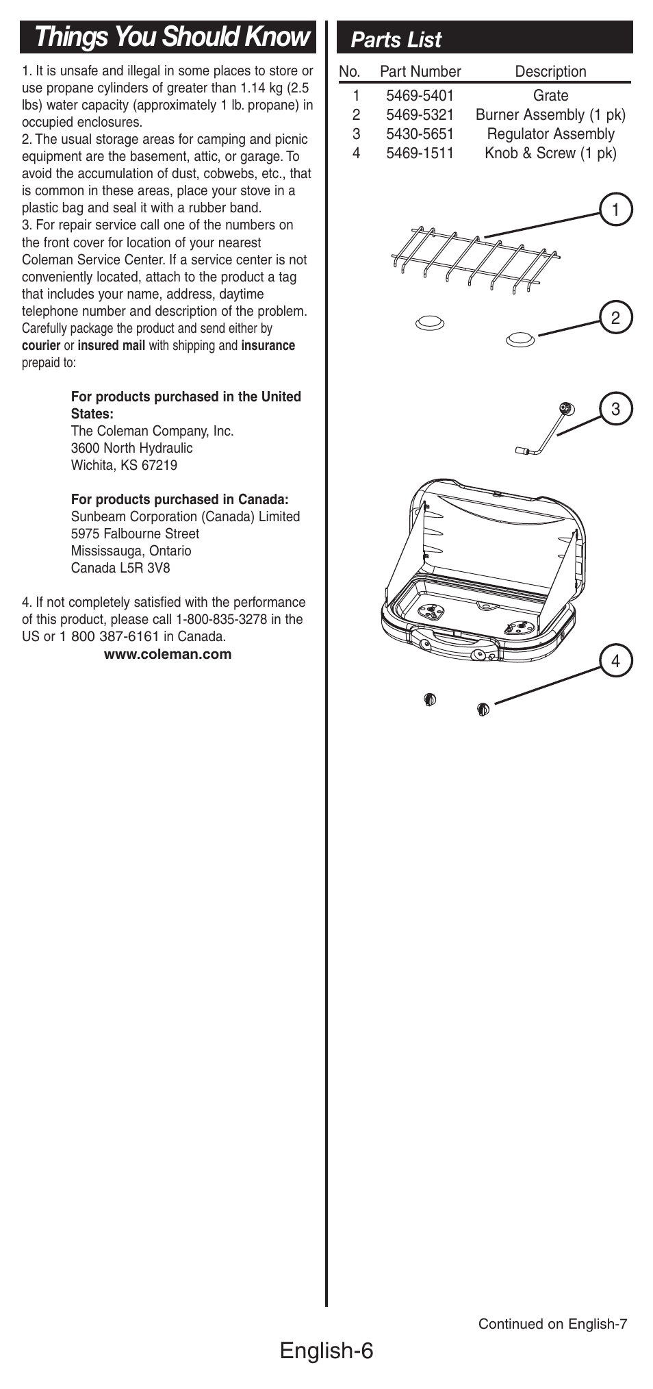 Things you should know, English-6, Parts list | Coleman 5469A User Manual | Page 7 / 24