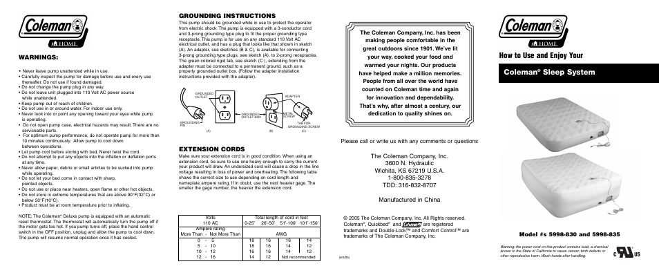 Coleman 5998-830 User Manual | 2 pages