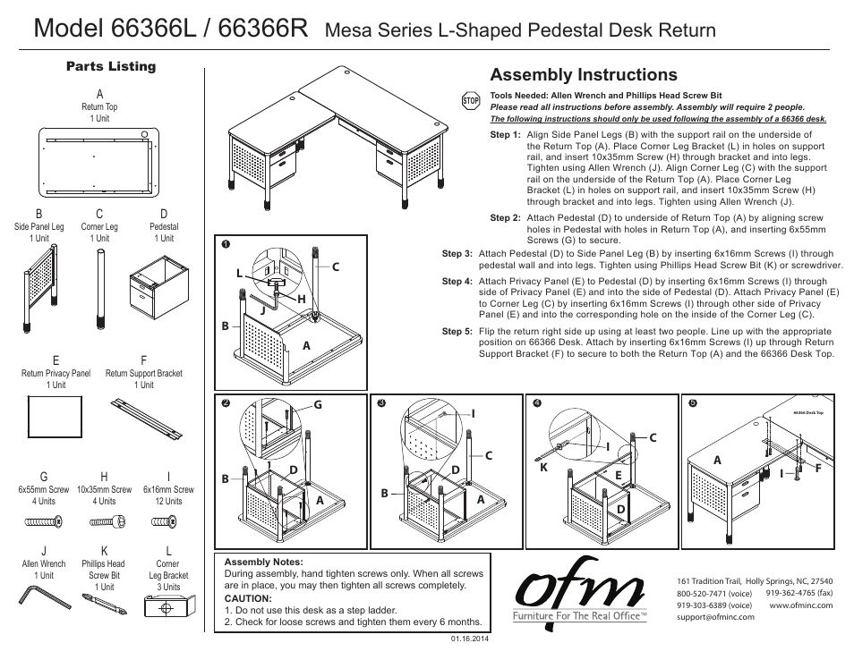 66366l_66366r1, Mesa series l-shaped pedestal desk return, Assembly instructions | OFM 66366 User Manual | Page 2 / 2