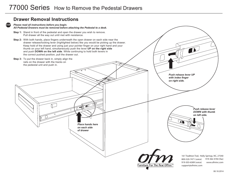 How to remove the pedestal drawers, Drawer removal instructions | OFM 77366 User Manual | Page 2 / 2