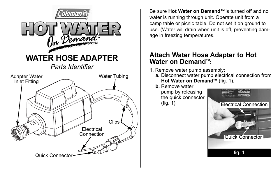 Water hose adapter, Attach water hose adapter to hot water on demand, Parts identifier | Coleman 2300-511 User Manual | Page 2 / 4