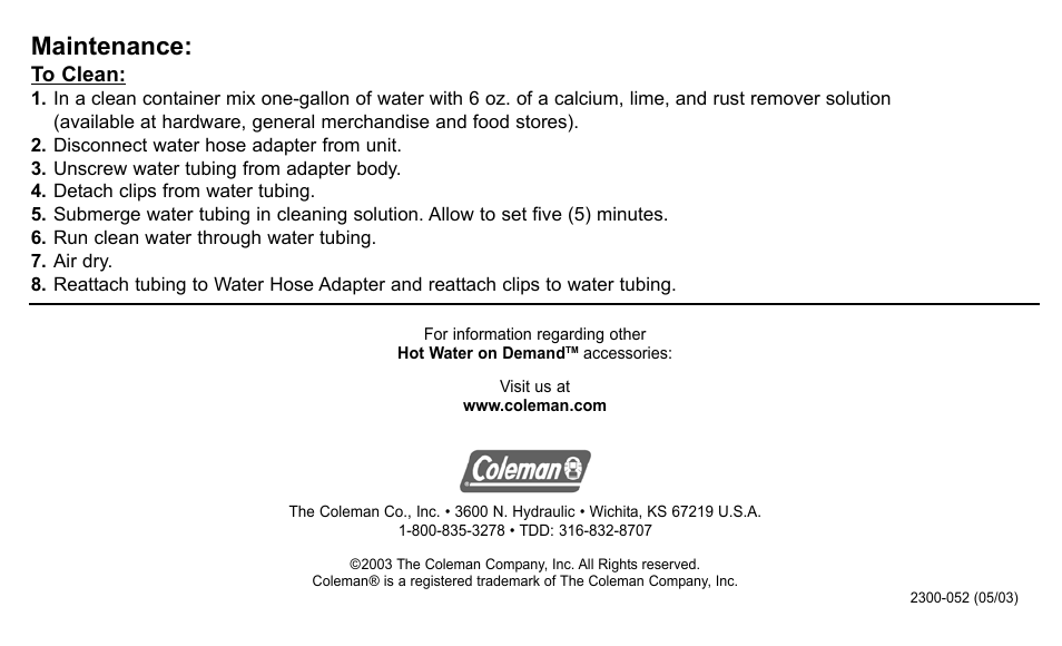 Maintenance | Coleman 2300-511 User Manual | Page 4 / 4