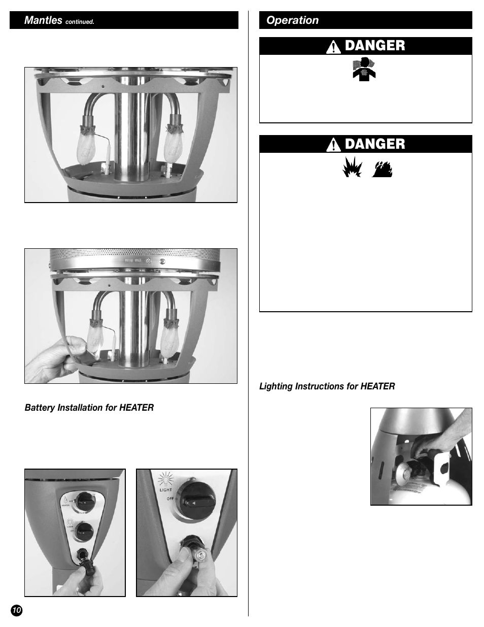 Danger, Operation, Mantles | Coleman 5040-761 User Manual | Page 10 / 16