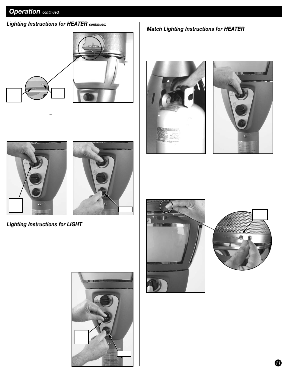 Operation, Match lighting instructions for heater, Lighting instructions for heater | Lighting instructions for light | Coleman 5040-761 User Manual | Page 11 / 16