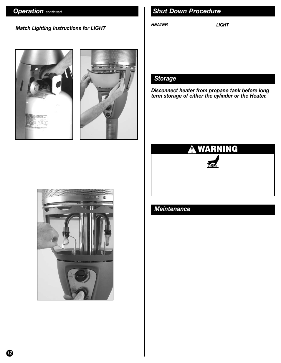 Warning, Operation, Storage | Maintenance shut down procedure | Coleman 5040-761 User Manual | Page 12 / 16