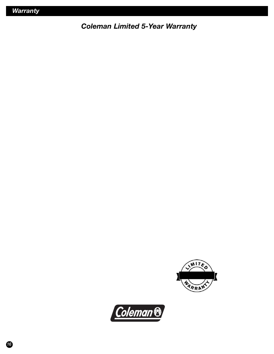 Coleman limited 5-year warranty, 5 - year, Warranty | Coleman 5040-761 User Manual | Page 16 / 16