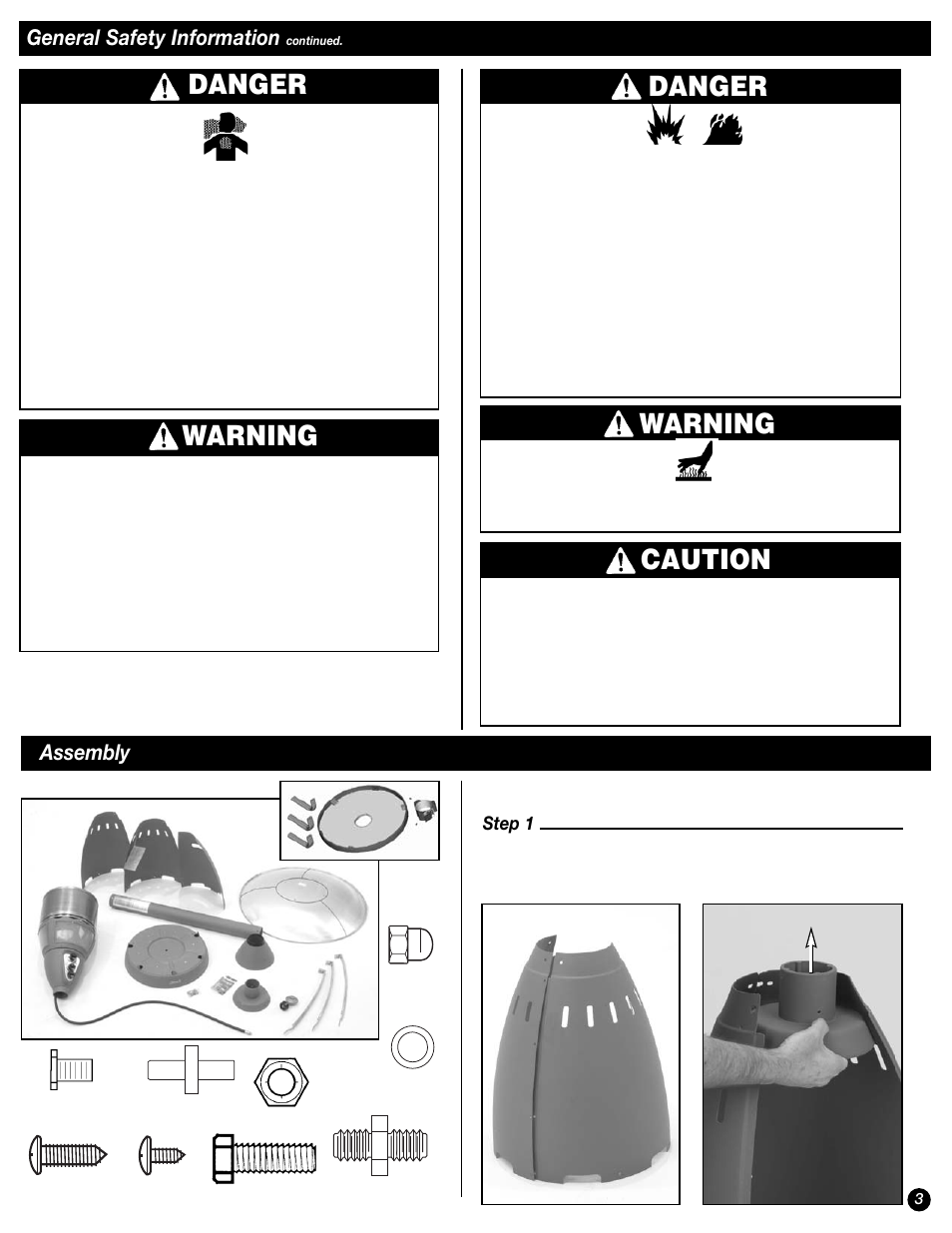 Danger warning, Danger, Caution warning | General safety information, Assembly | Coleman 5040-761 User Manual | Page 3 / 16