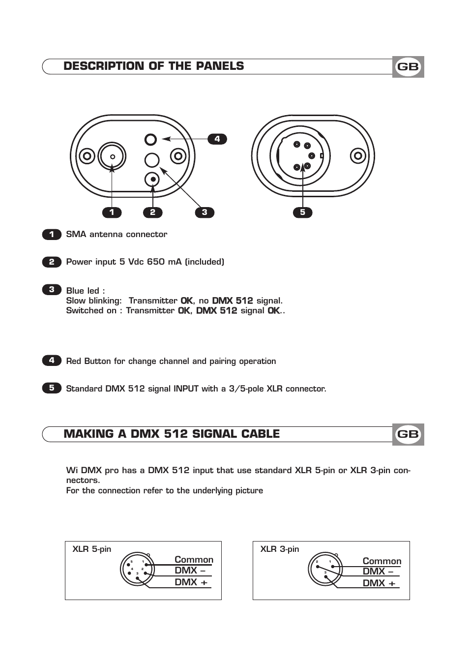 Description of the panels, Making a dmx 512 signal cable, Common dmx - dmx | OmniSistem WiDMX Pro Transmitter User Manual | Page 2 / 4